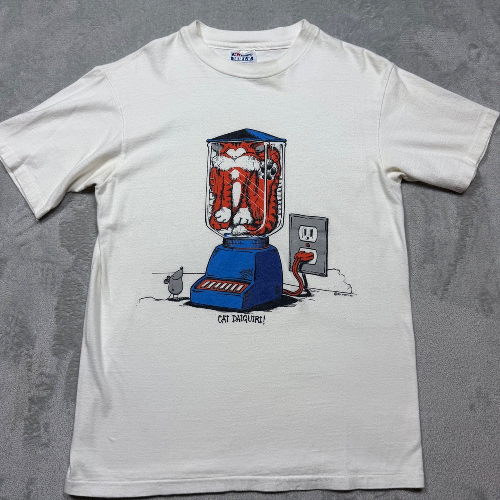 Vintage 90s White Cotton Cat Daiquiri Funny Graphic T-Shirt Hanes Beefy-T Size S